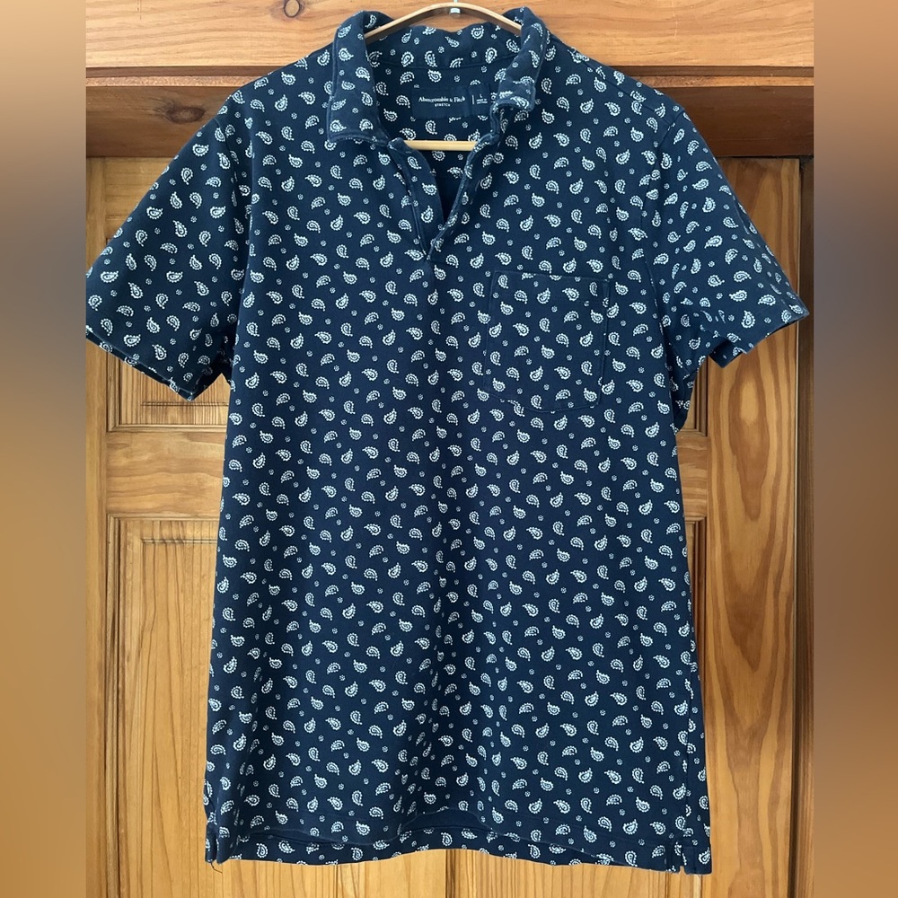 Abercrombie & Fitch Polo Shirt Mens L Navy Paisley Geometric Stretch